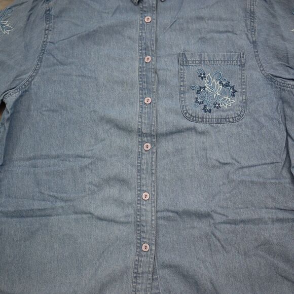 Passion-I Shirt Womens L Blue Denim Button Front Floral Embroidered Pocket - Picture 3 of 16